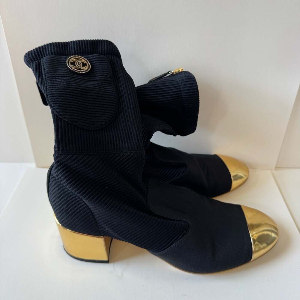 Chanel Black Ribbed Knit Sock Boots with Gold Cap Toe and Heel Size 37